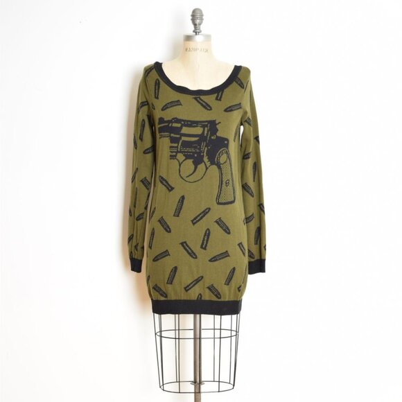 vintage Y2K dress Betsey Johnson green GUNS pistol sweater mini dress M L - Picture 2 of 10